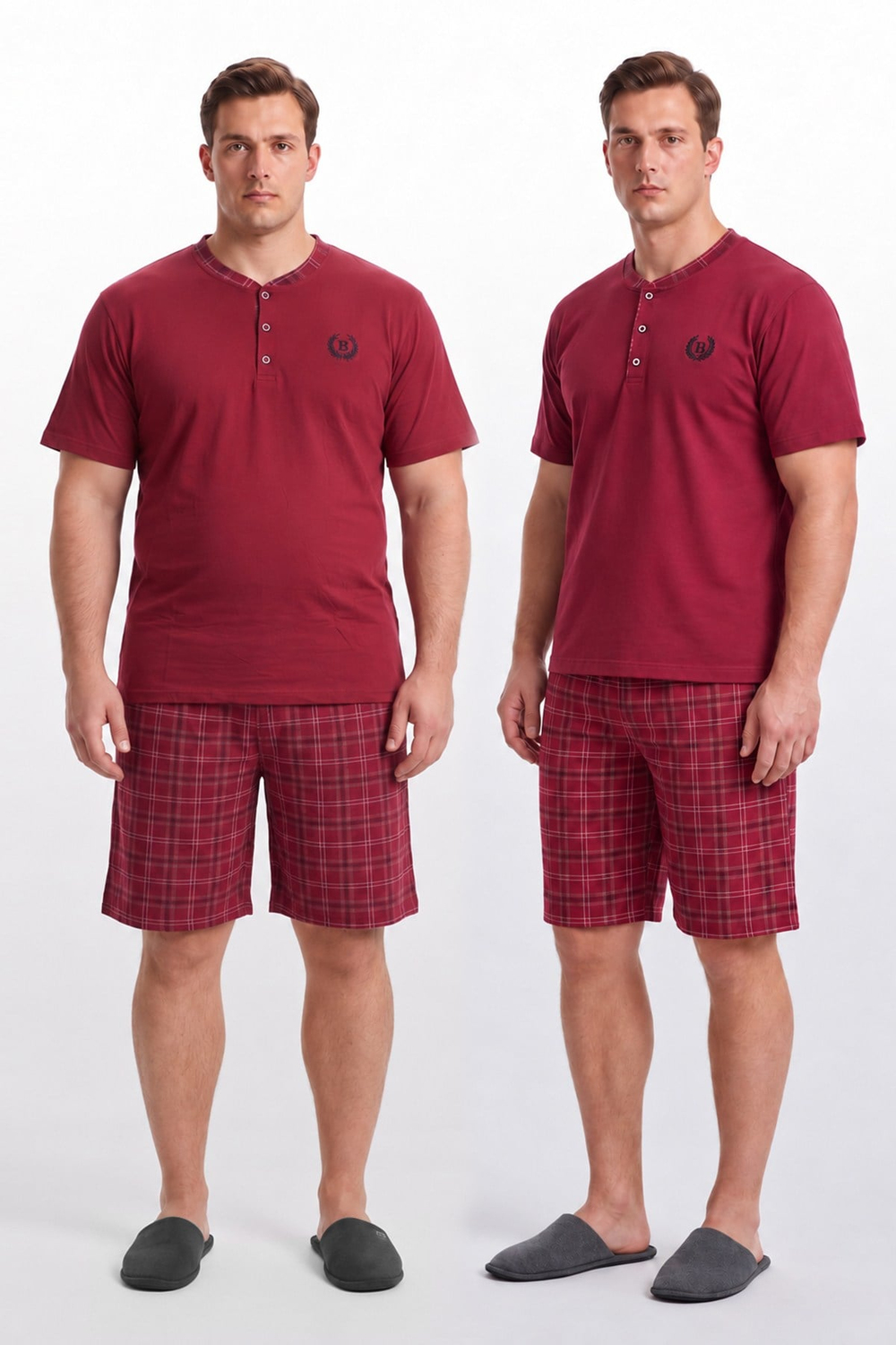 Erkek Battal Beden %100 Pamuk Önü Patlı Şortlu Pijama Takımı | Bordo 404