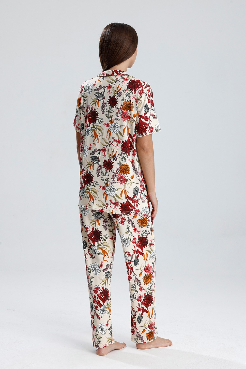 Kadın Düğmeli Şal Desen Kısa Kollu Pijama Takım