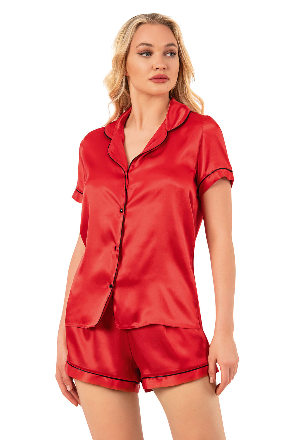 Kadın Saten Biyeli Kısa Kol Şortlu Pijama Takım | Kırmızı 7847