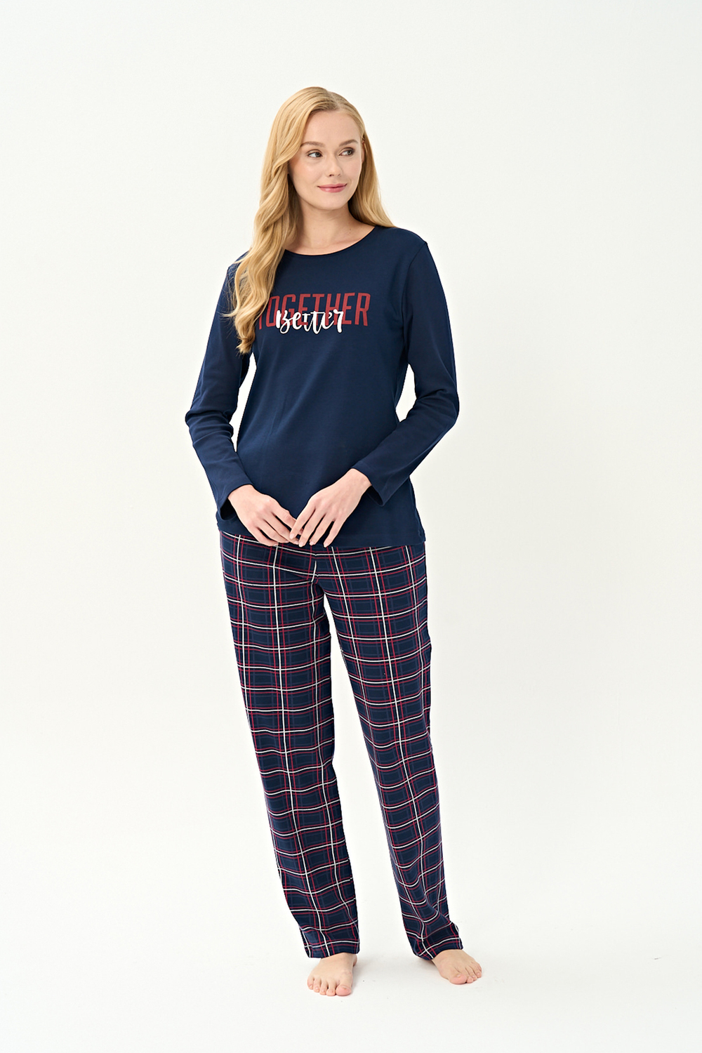 Kadın İnterlok Eşli Bisiklet Yaka Pijama Takım | Lacivert 3251