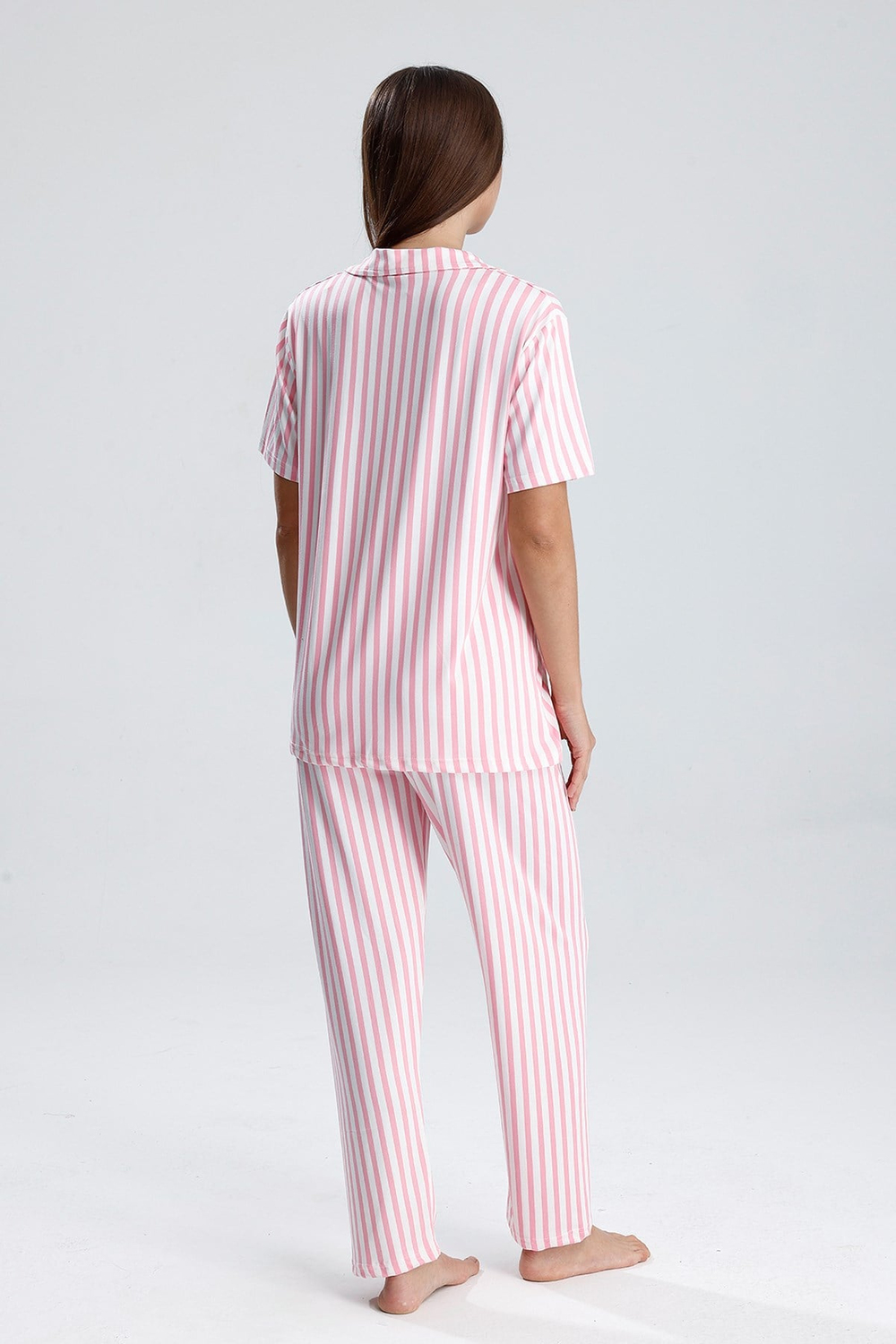 Kadın Kısa Kollu Dikey Çizgili Pijama Takım | Pembe