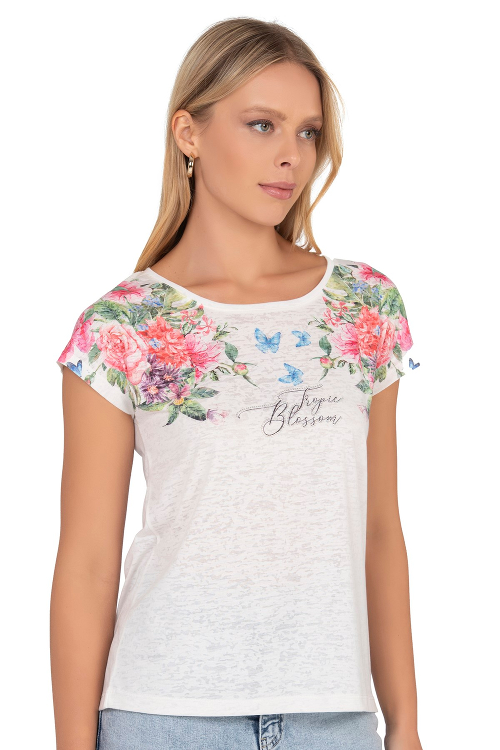 Kadın Floral Desenli Yazı Detaylı Bluz | Ekru 25792