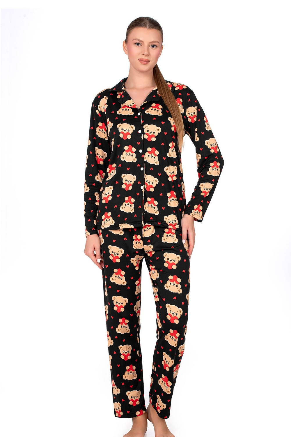 Lizbon Kumaş Siyah Ayıcık Desenli Önden Düğmeli Kadın Pijama Takımı