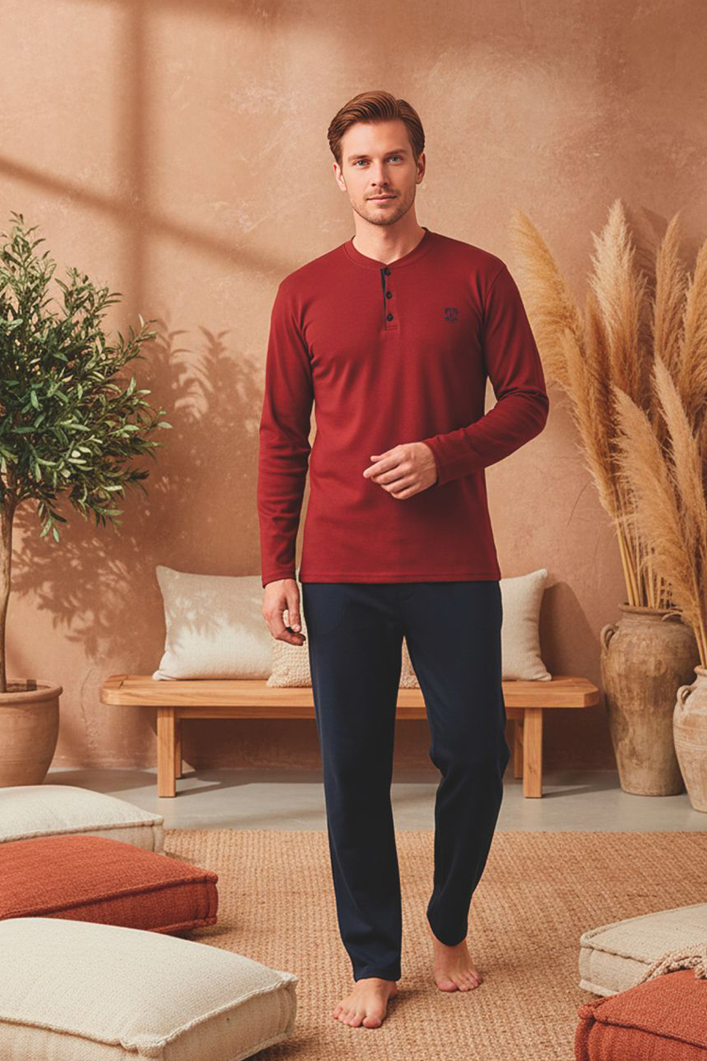 Erkek Patlı Yaka Kareli Pamuklu Pijama Takımı | Bordo
