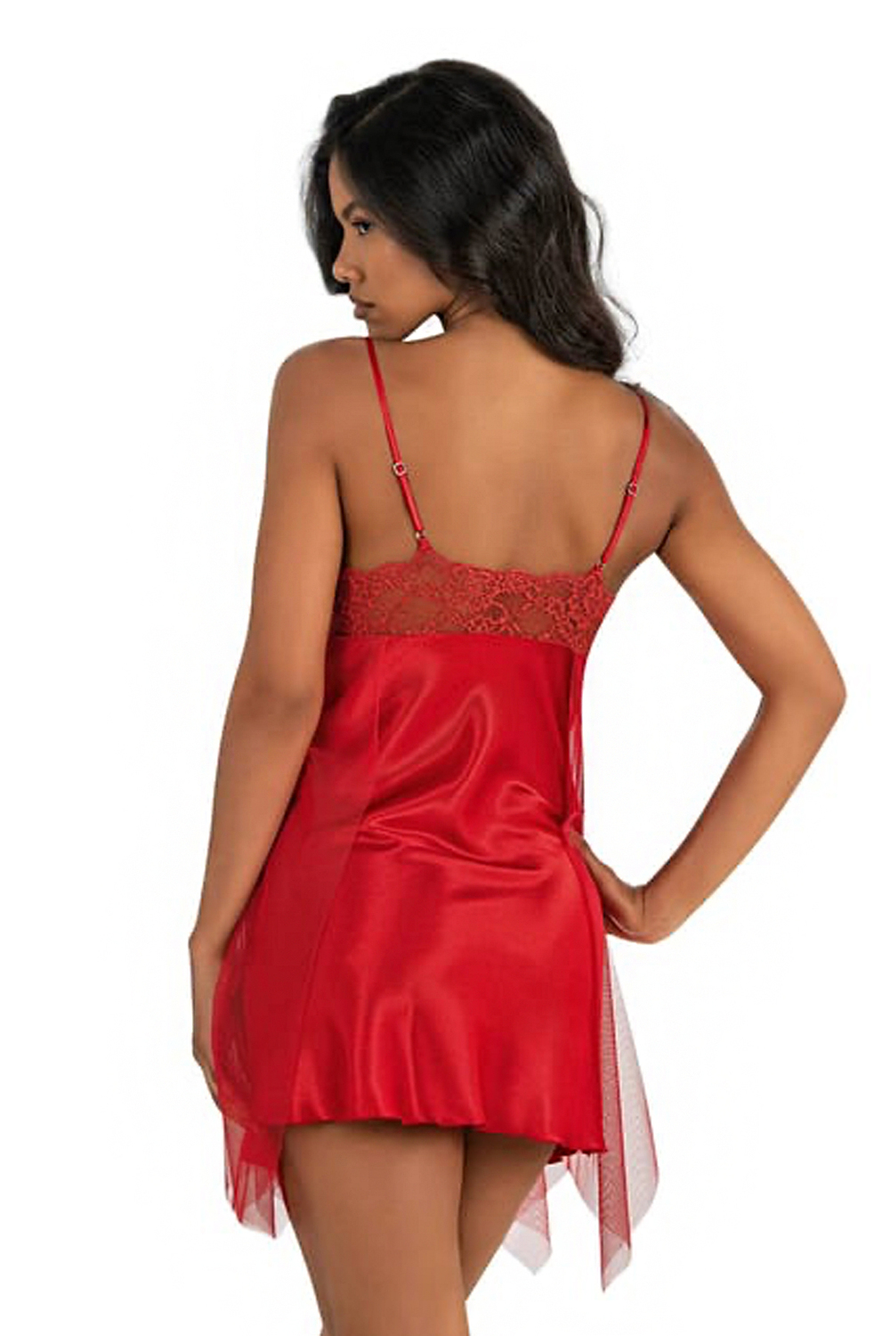 Kadın Saten Transparan Dantel Tül Detay Gecelik | Kırmızı 8243