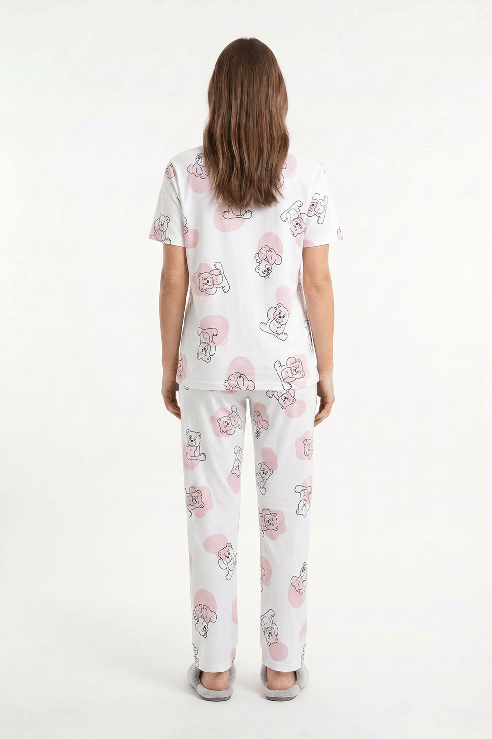 Kadın Bisiklet Yaka Yumuşak Dokulu Büyük Ayıcık Desenli Kısa Kol pijama Takım | Ekru 70132-3293
