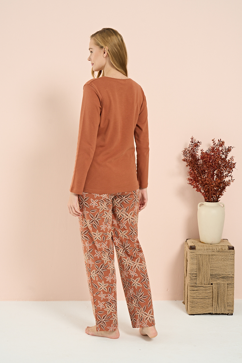 Kadın İnterlok Genç Desenli Önü Patlı Pijama Takım | Kiremit 3216