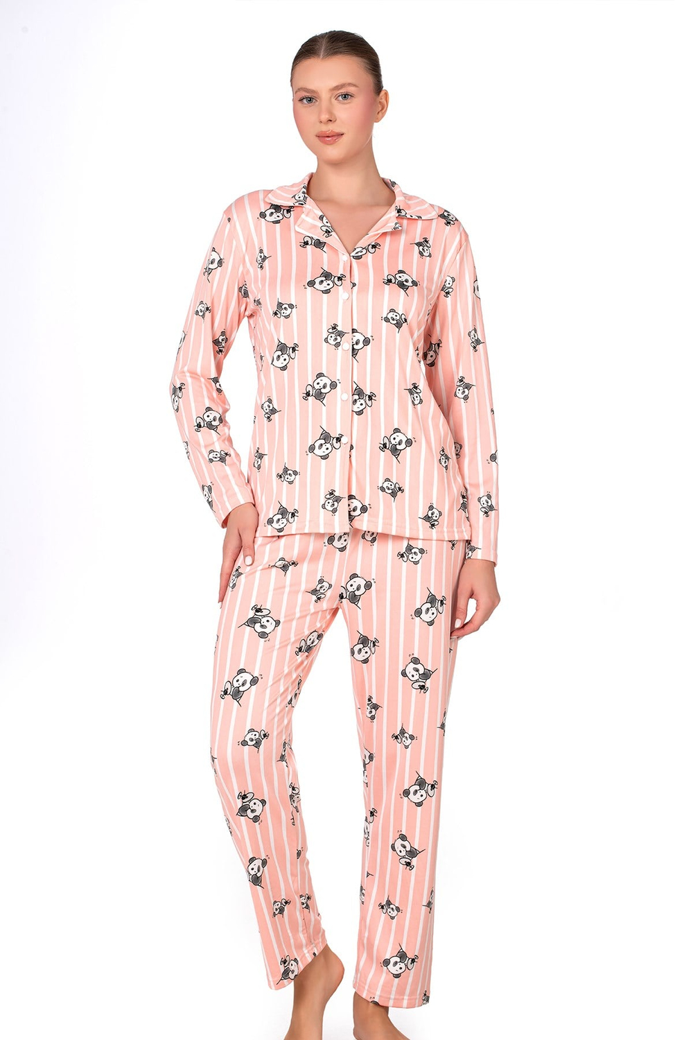 Lizbon Kumaş İçi Şardonlu Somon Panda Desenli Çizgili Önden Düğmeli Kadın Pijama Takımı