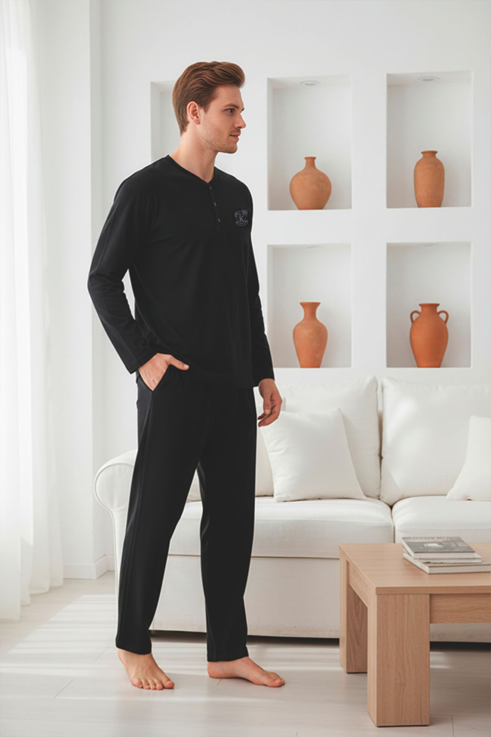 Erkek Uzun Kollu 4 Mevsim Penye Süprem Önü Patlı Pijama Takımı | Siyah 801