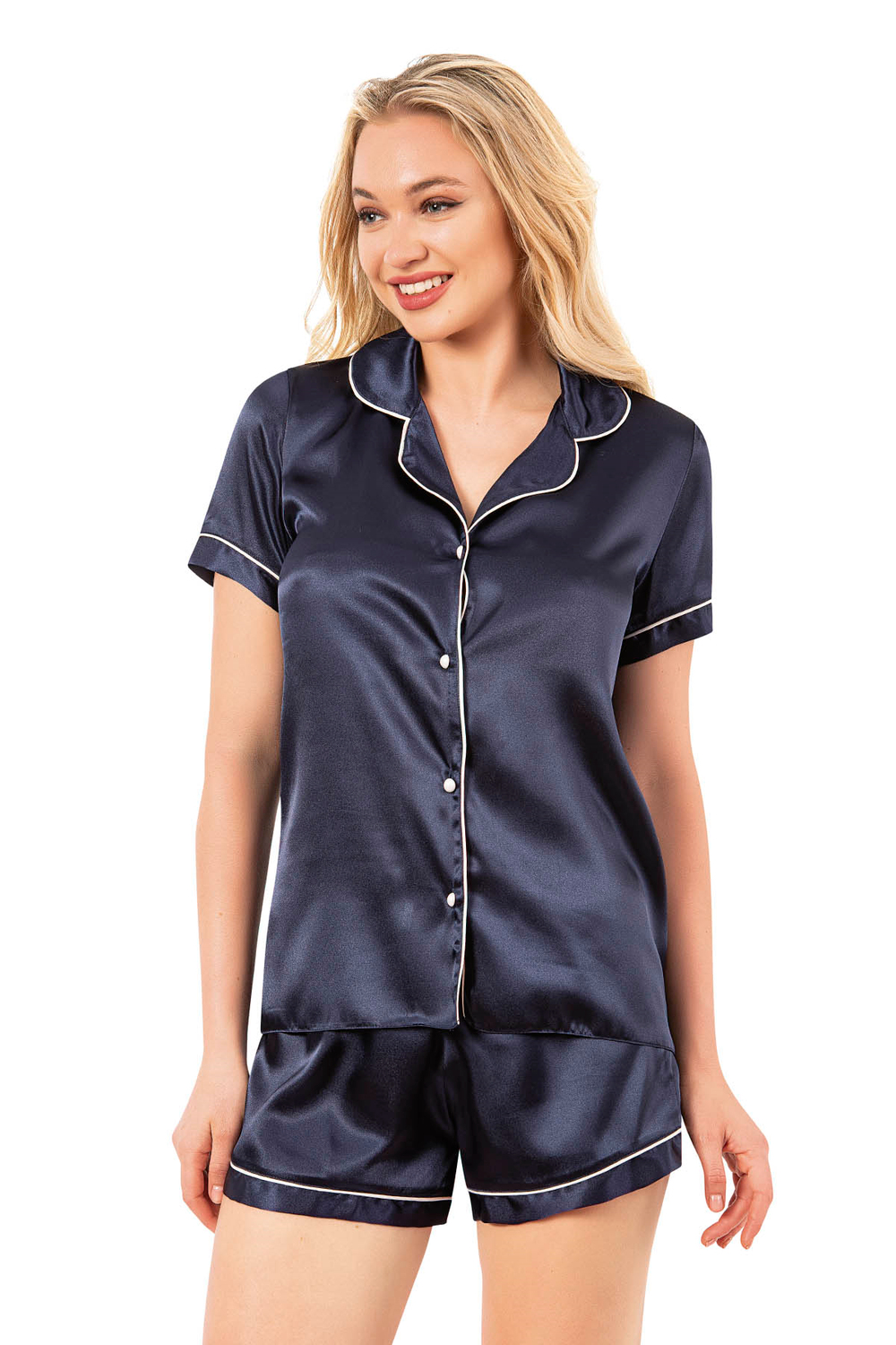 Kadın Saten Biyeli Kısa Kol Şortlu Pijama Takım | Lacivert 7847