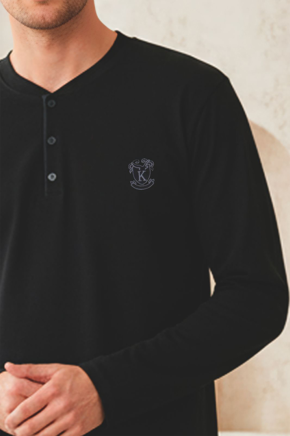 Erkek Uzun Kollu 4 Mevsim Penye Süprem Önü Patlı Pijama Takımı | Siyah 801