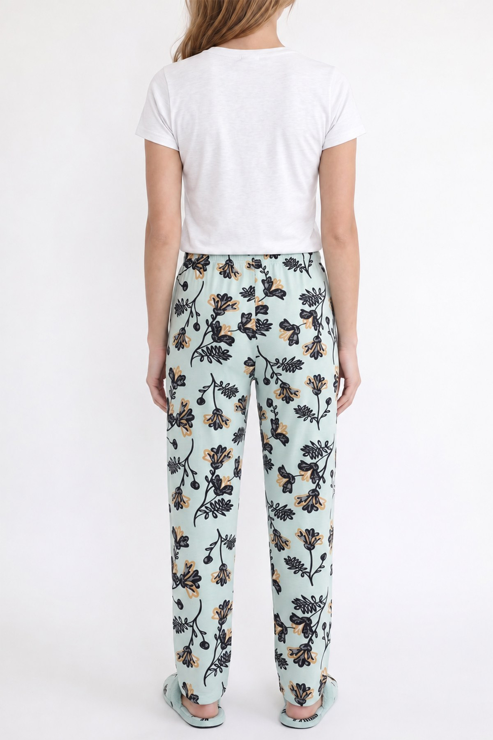Kadın Süet Mint Çiçek Desen Pijama Tek Alt