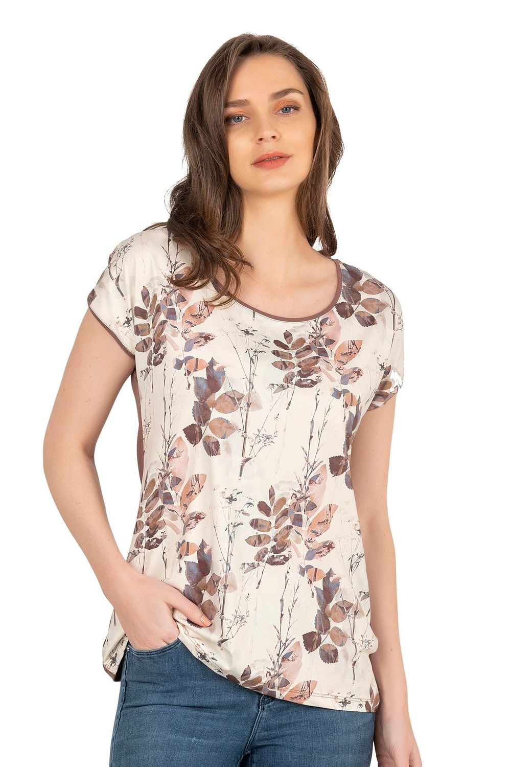 Kadın Doğal Tonlu Floral Desenli Kısa Kol Bluz | Kahverengi 26547