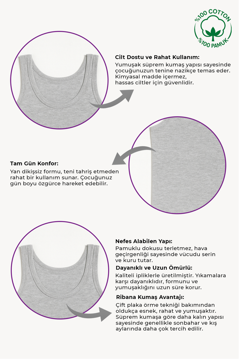 Erkek Çocuk %100 Pamuklu Ribana Kalın Askılı Atlet | Gri Melanj K0801