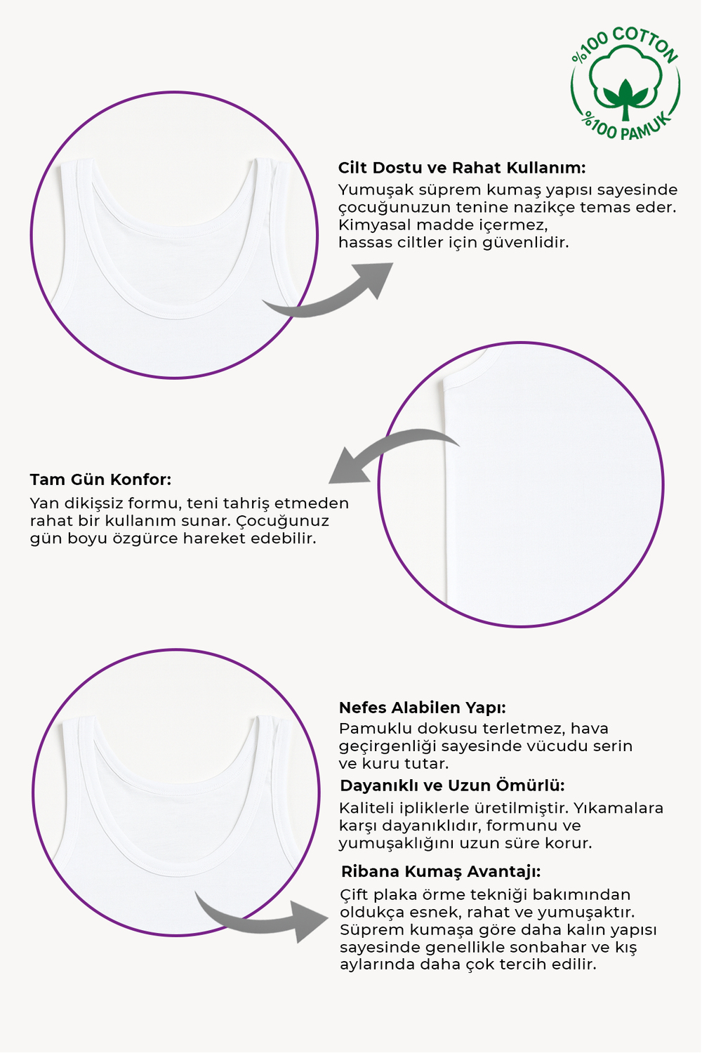 Erkek Çocuk %100 Pamuklu Ribana Kalın Askılı Atlet | Beyaz K0801