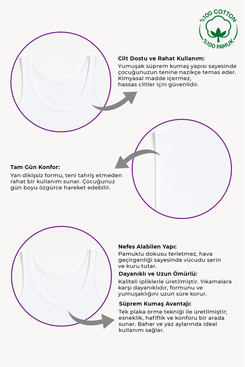 Erkek Çocuk %100 Pamuklu Süprem Kalın Askılı Atlet | Beyaz K0702