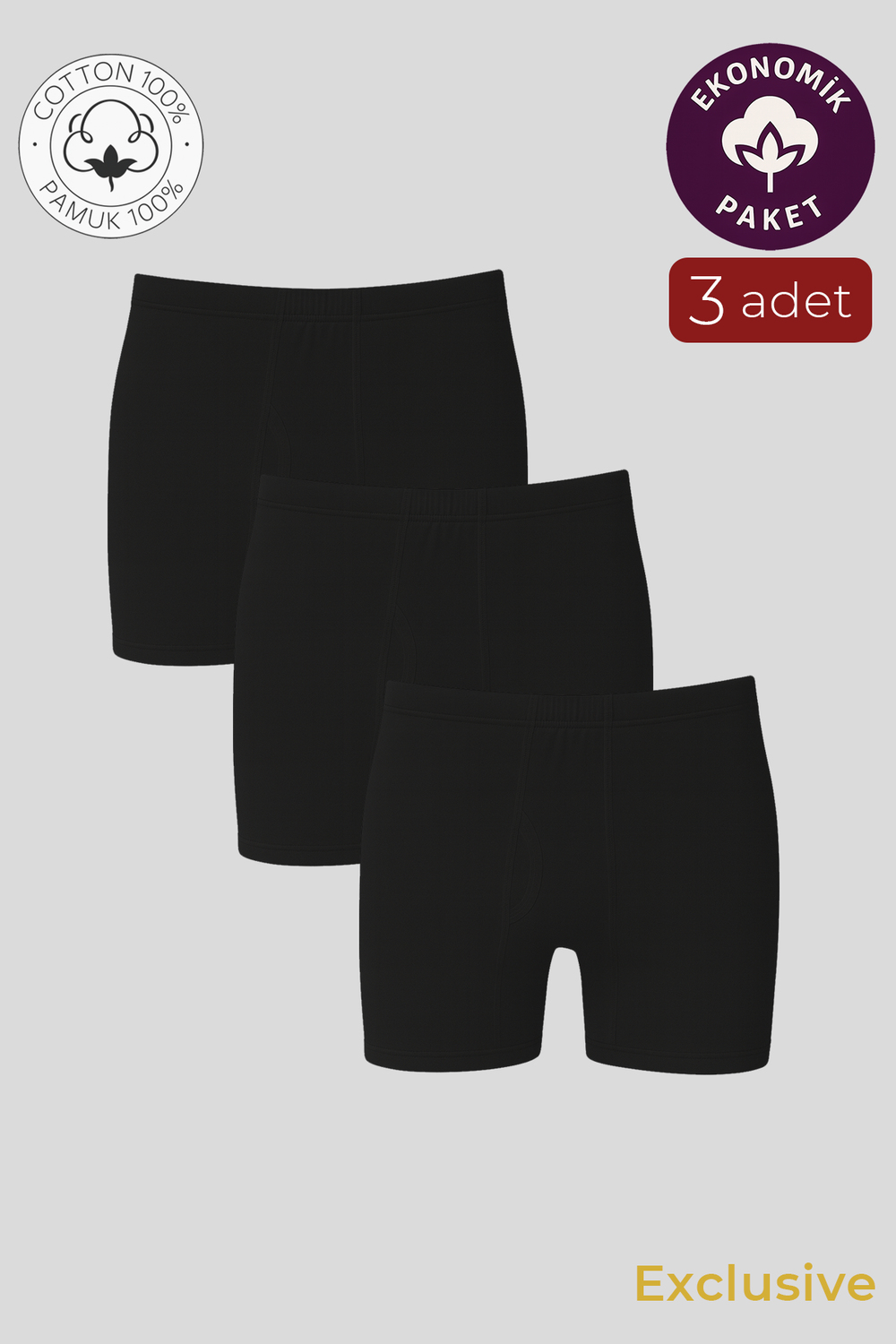 Erkek Pamuklu Penye Paçalı Boxer 3lü Paket – Rahat & Dayanıklı | Siyah K0043