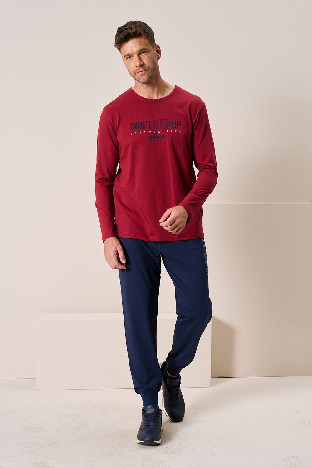 Erkek Penye Süprem Bisiklet Yaka Pijama Takım | Bordo 2197