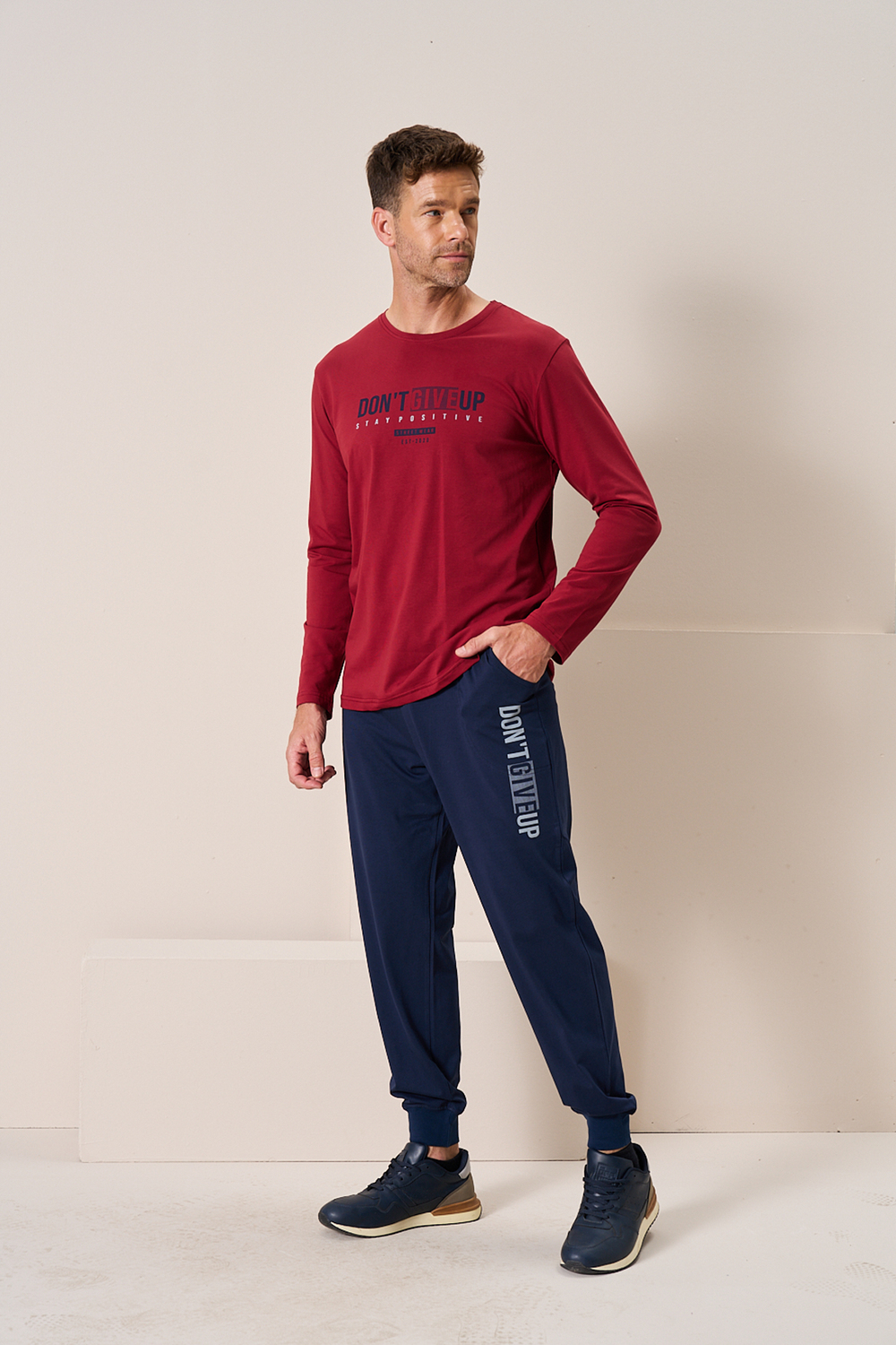 Erkek Penye Süprem Bisiklet Yaka Pijama Takım | Bordo 2197