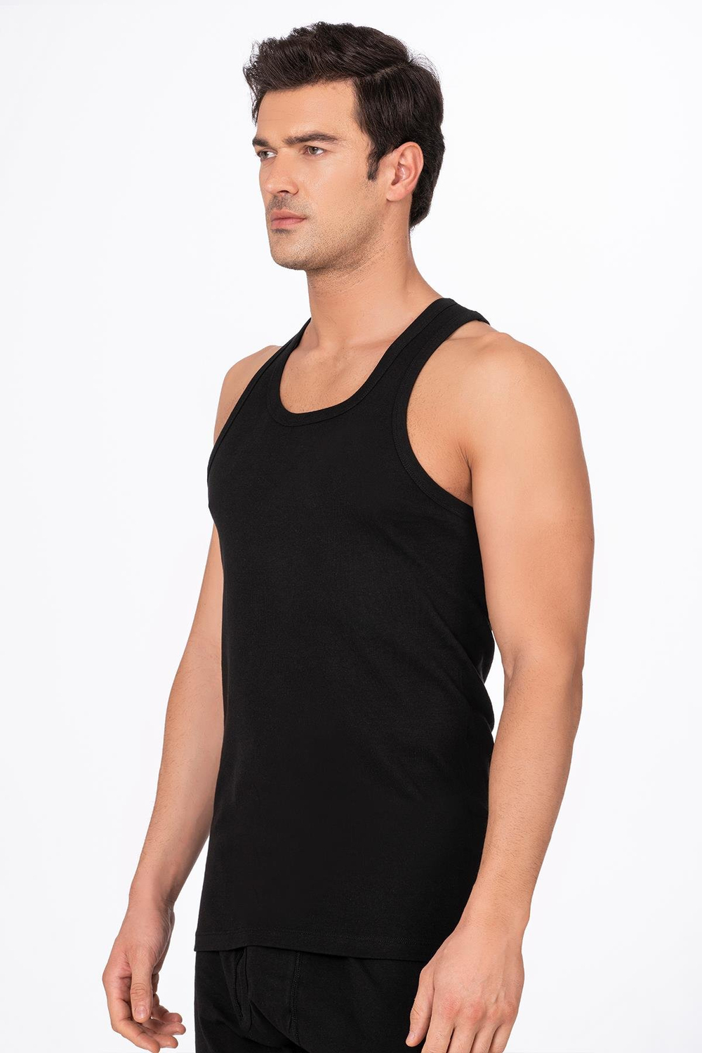 Erkek Pamuklu Ribana Sırtı Çapraz Sporcu Atlet | Siyah K0058