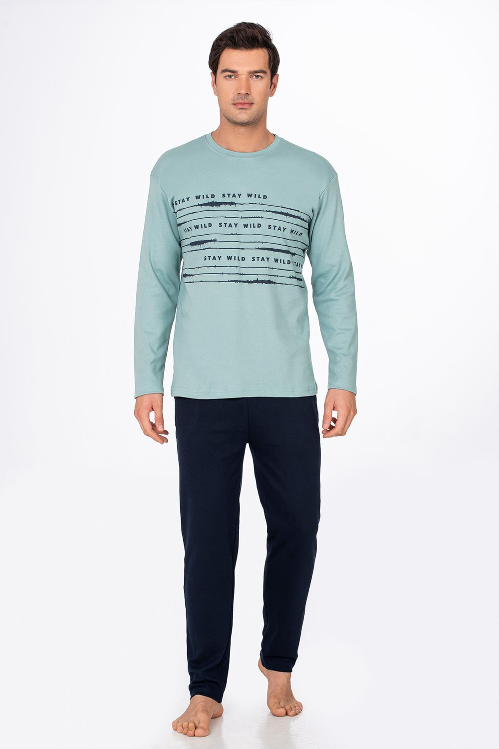 Erkek Stay Wild Baskılı Pamuklu Pijama Takımı | Su Yeşili 028