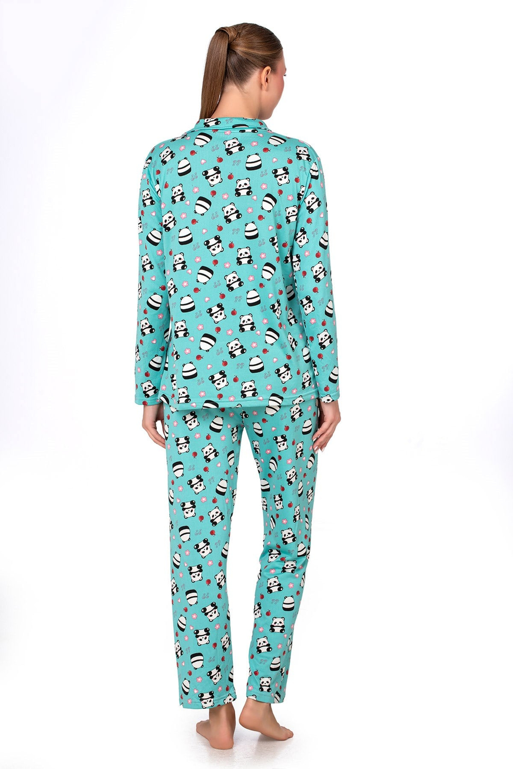 Lizbon Kumaş Turkuaz Panda Desenli Önden Düğmeli Kadın Pijama Takımı