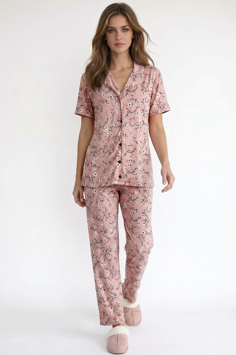 Kadın Düğmeli Floral Desen Kısa Kollu Pijama Takım | Pembe