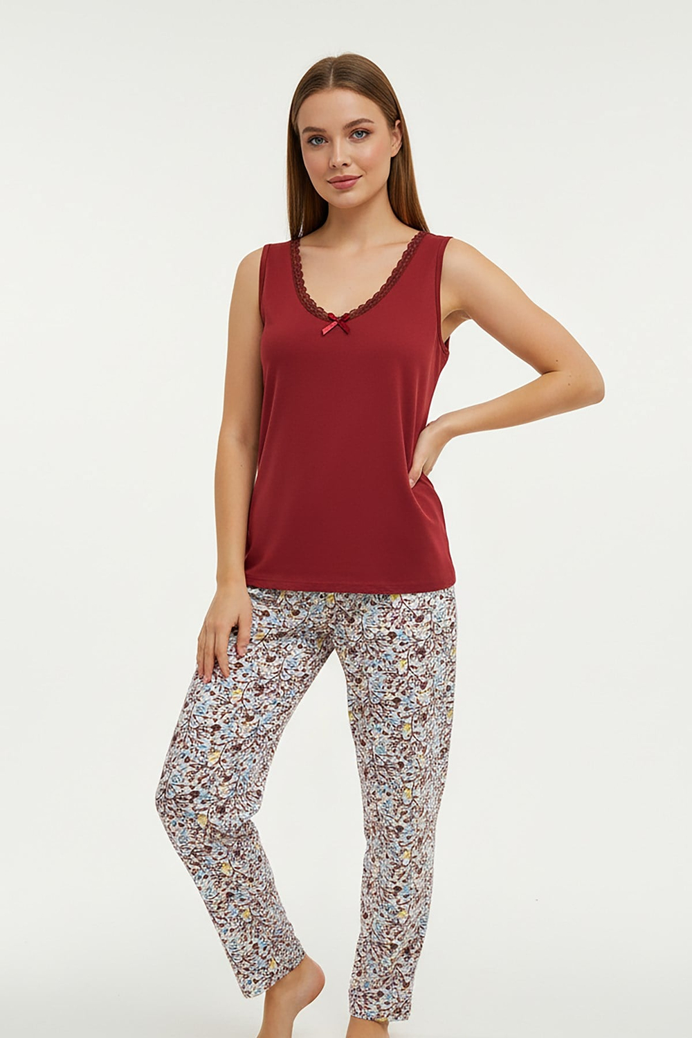 Kadın % 100 Ring Viskon V Yaka Altı Desenli Kalın Askılı Pijama Takımı | Kiremit 40108-4770