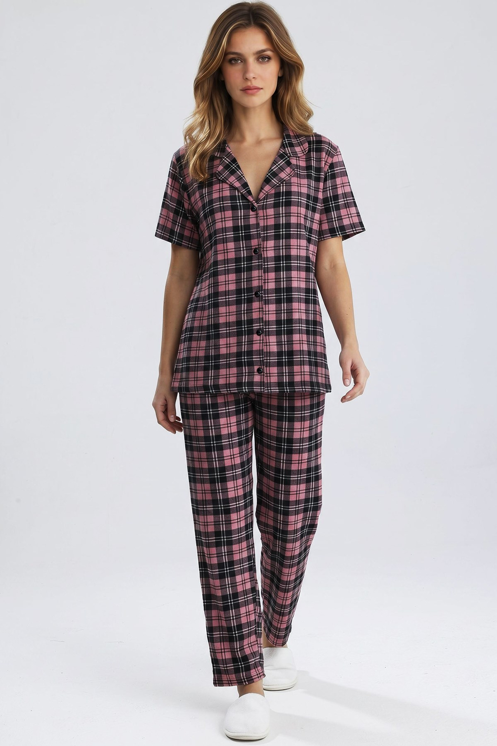 Kadın Önden Düğmeli Pijama Takım Ekose Pembe