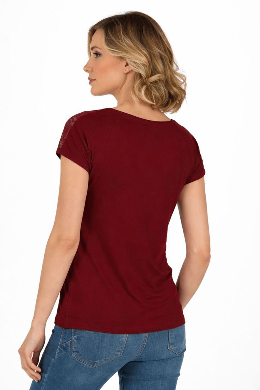 Kadın Omuz Dantel Detaylı Örme Bluz | Bordo 25465