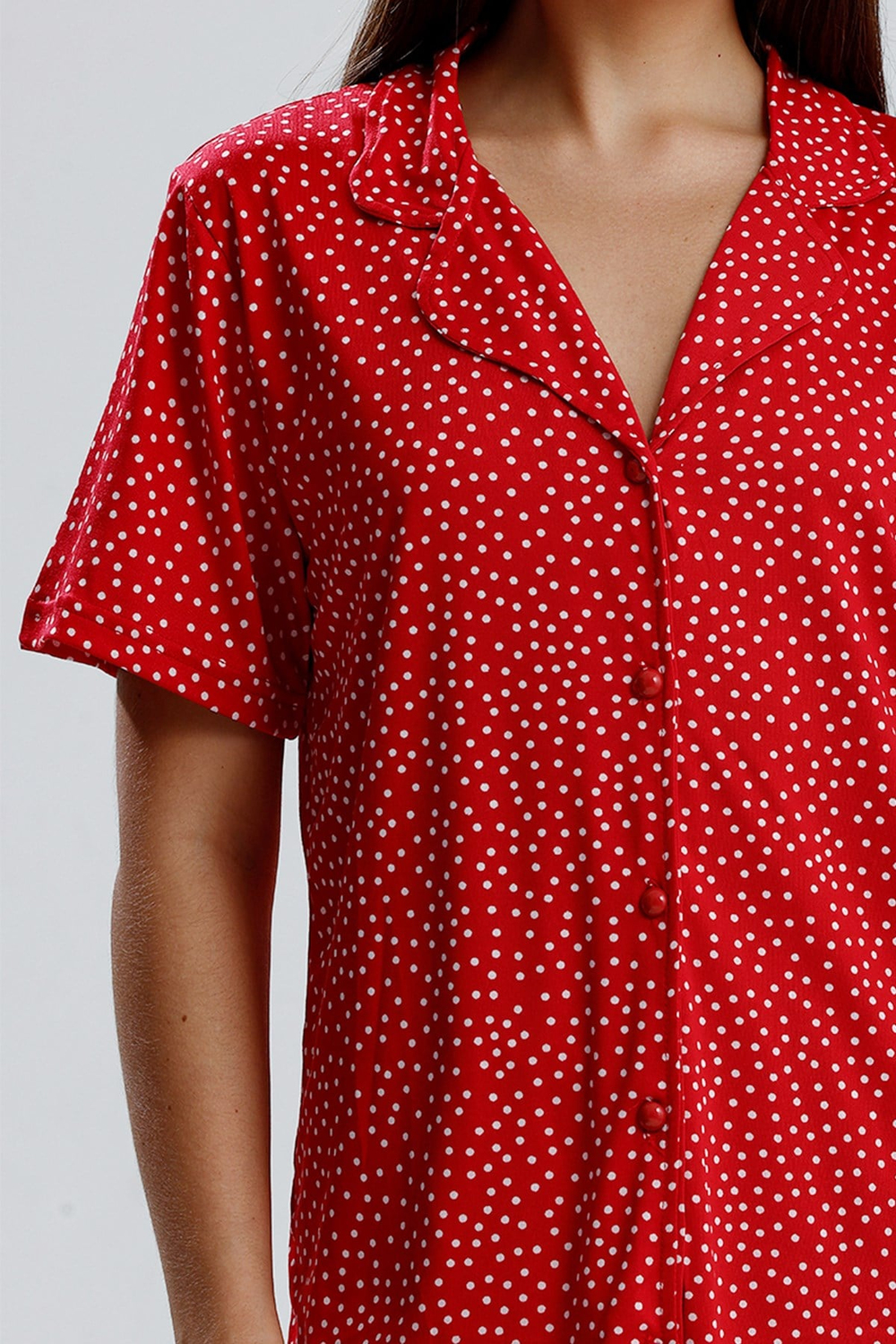 Kadın Düğmeli Puantiye Desen Kısa Kollu Pijama Takım | Kırmızı