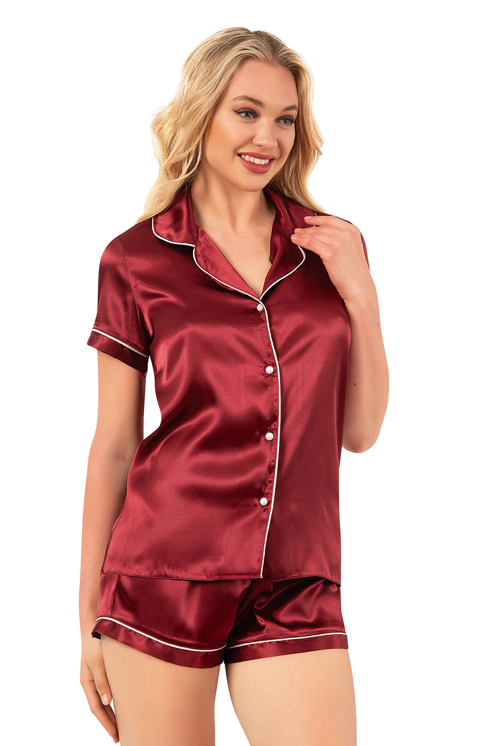 Kadın Saten Biyeli Kısa Kol Şortlu Pijama Takım | Bordo 7847