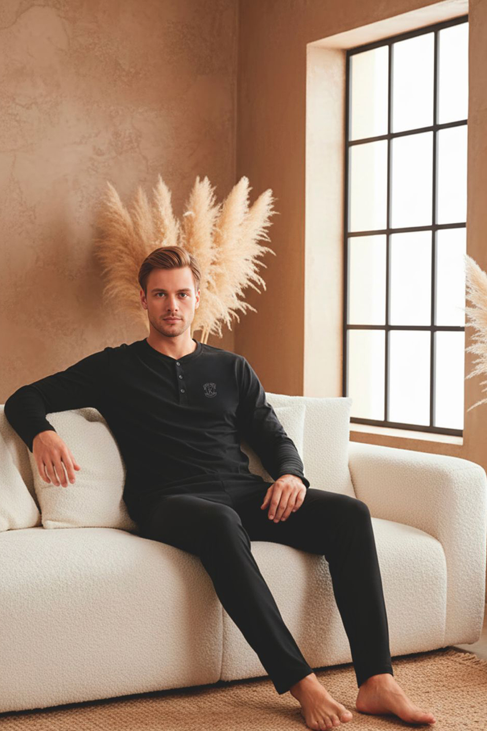 Erkek Uzun Kollu 4 Mevsim Penye Süprem Önü Patlı Pijama Takımı | Siyah 801