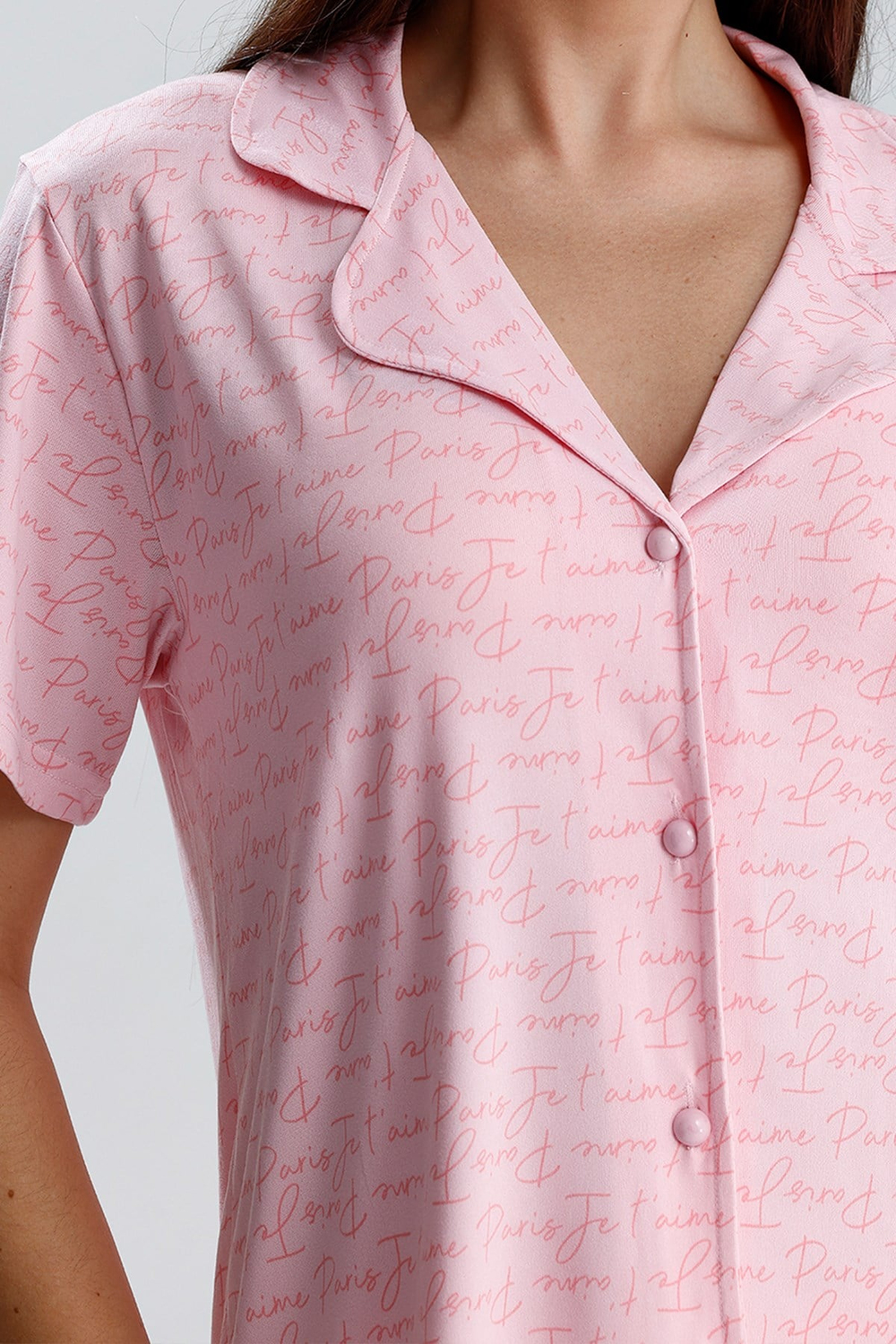 Kadın Yazı Detaylı Kısa Kollu Pijama Takım | Pembe Paris