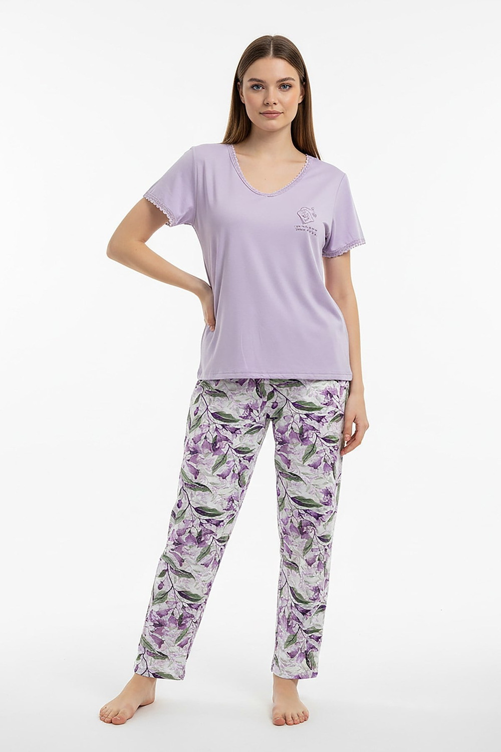 Kadın % 100 Ring Viskon Düğmeli Yaka Altı Desenli Kısa Kol Pijama Takımı | Lila 40113-4118