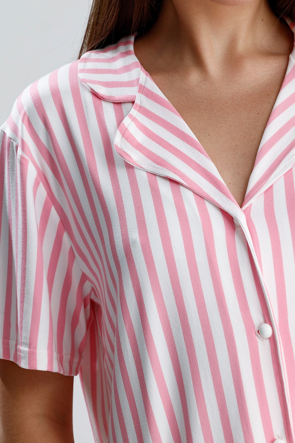 Kadın Kısa Kollu Dikey Çizgili Pijama Takım | Pembe