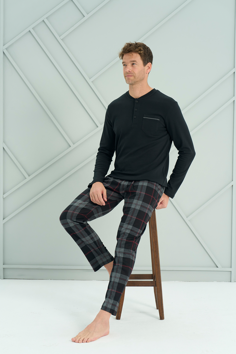 Erkek İnterlok Genç Önü Patlı Pijama Takım | Siyah 2233