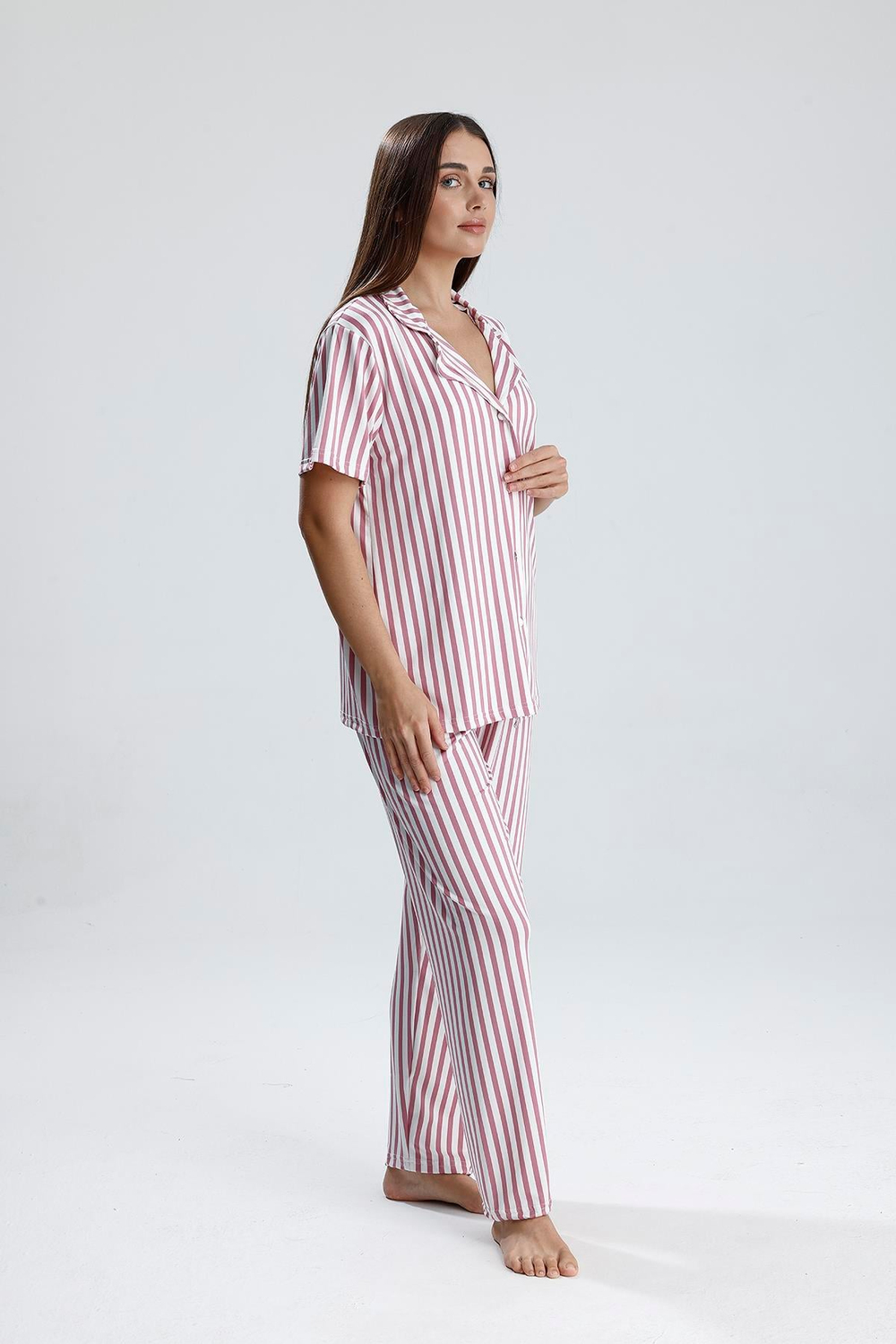 Kadın Düğmeli Dikey Çizgi Kısa Kollu  Pijama Takım | Mor 