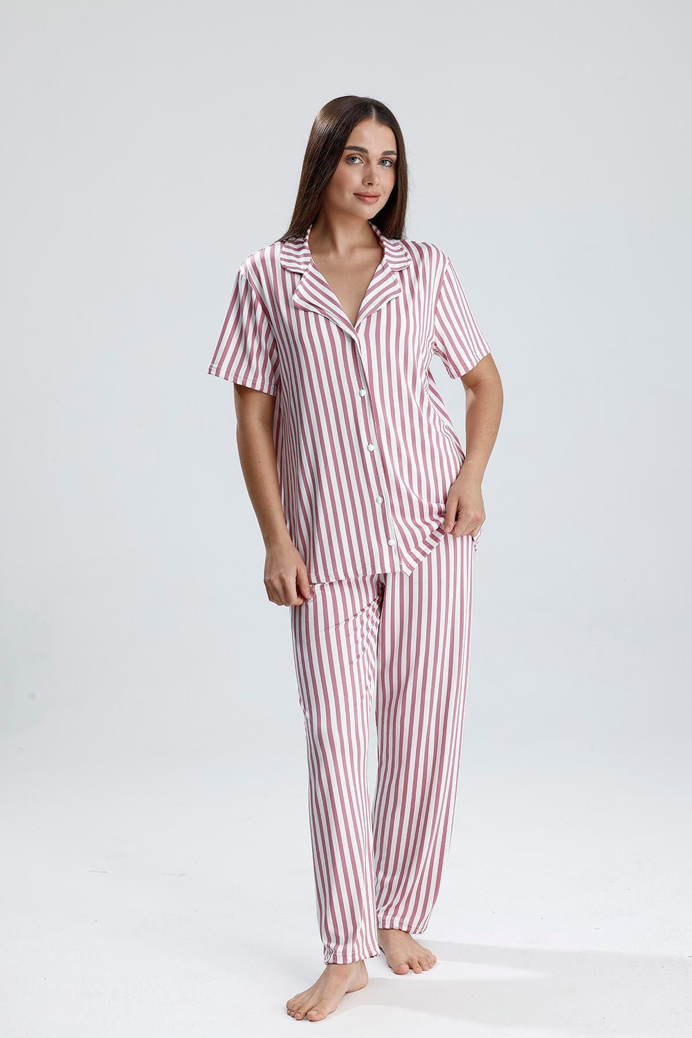 Kadın Düğmeli Dikey Çizgi Kısa Kollu  Pijama Takım | Mor 