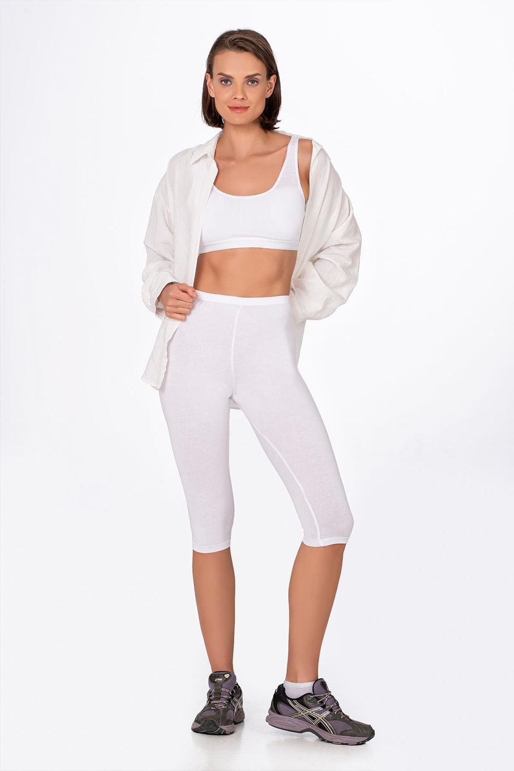 Kadın Likralı Süprem Düz Kapri Tayt | Beyaz K0458