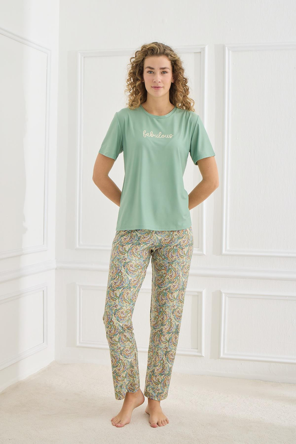 Kadın Şal Desenli Bisiklet Yaka Pijama Takım | Mint 30102-964