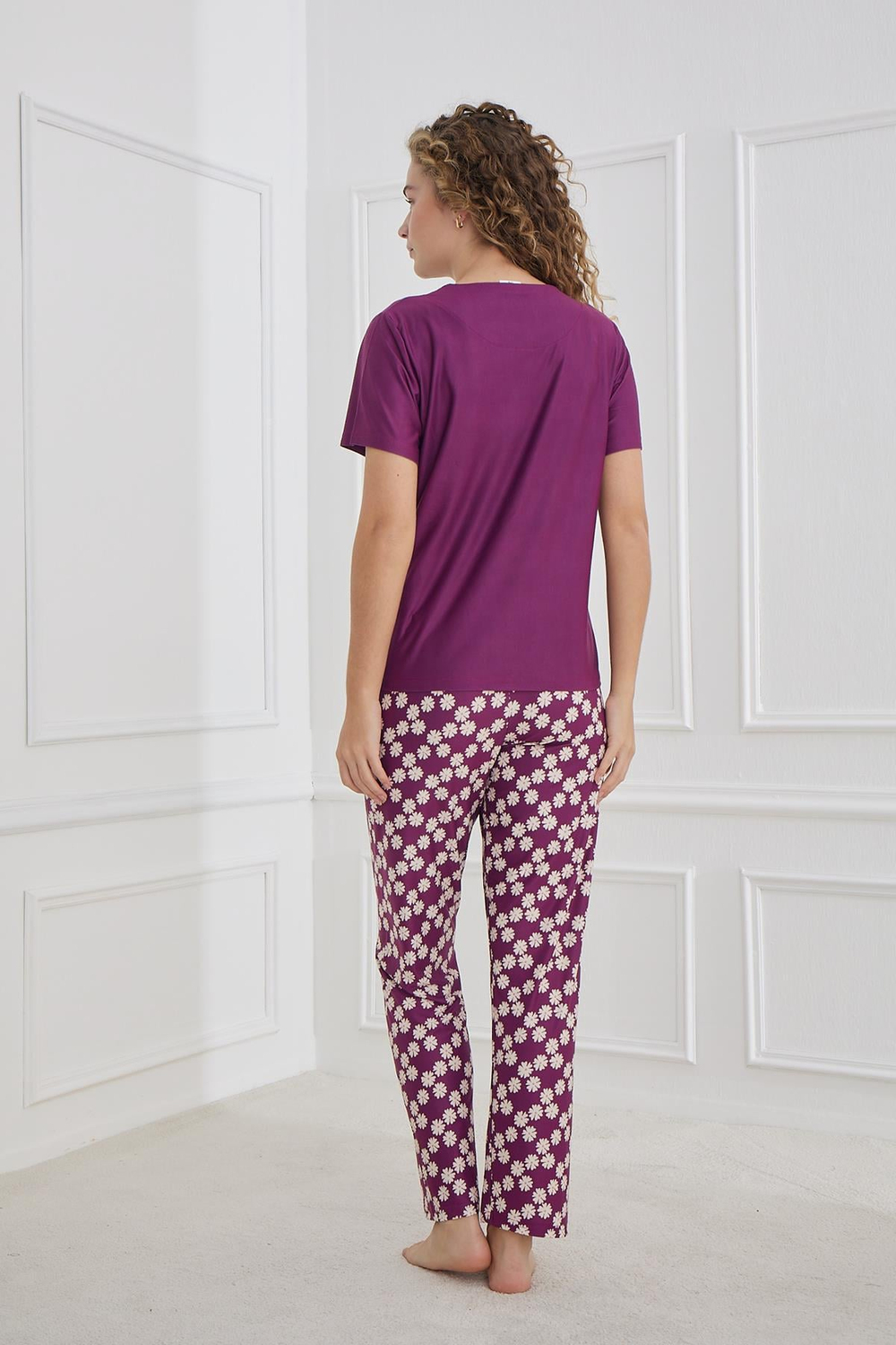 Kadın Papatya Desenli Bisiklet Yaka Pijama Takım | Mor 30102-1284