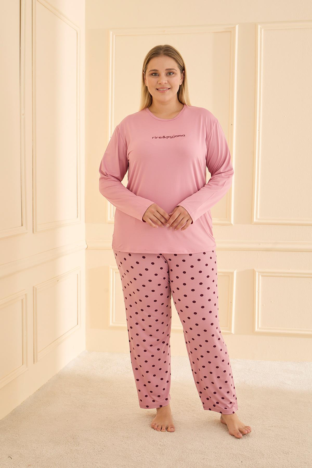 Kadın Milan Battal Bisiklet Yaka Pijama Takım | Pudra 50802-2423