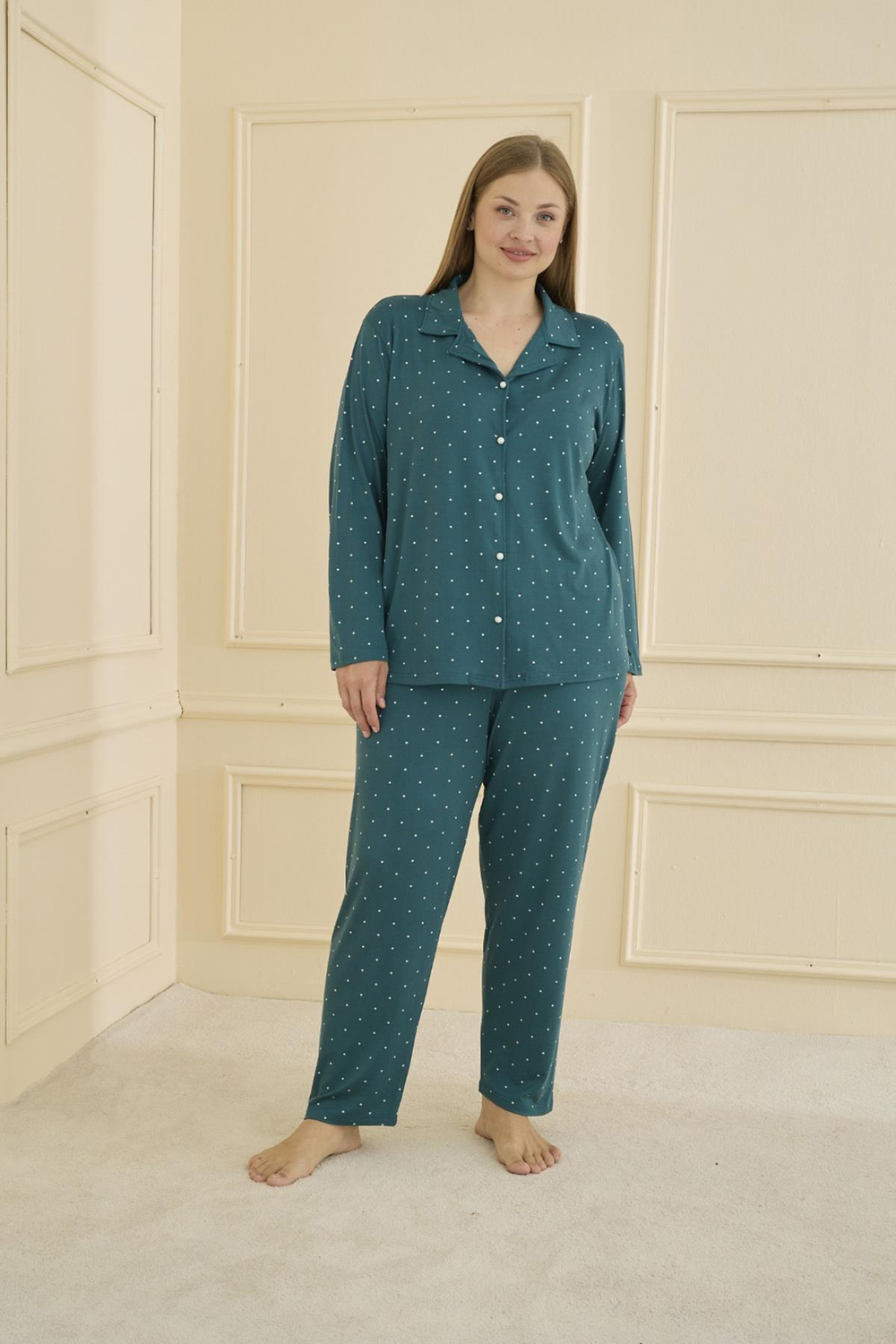 Kadın Milan Battal Önden Düğmeli Pijama Takım | Petrol 50801-1919