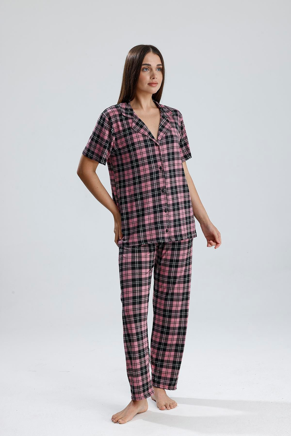 Kadın Önden Düğmeli Pijama Takım Ekose Pembe