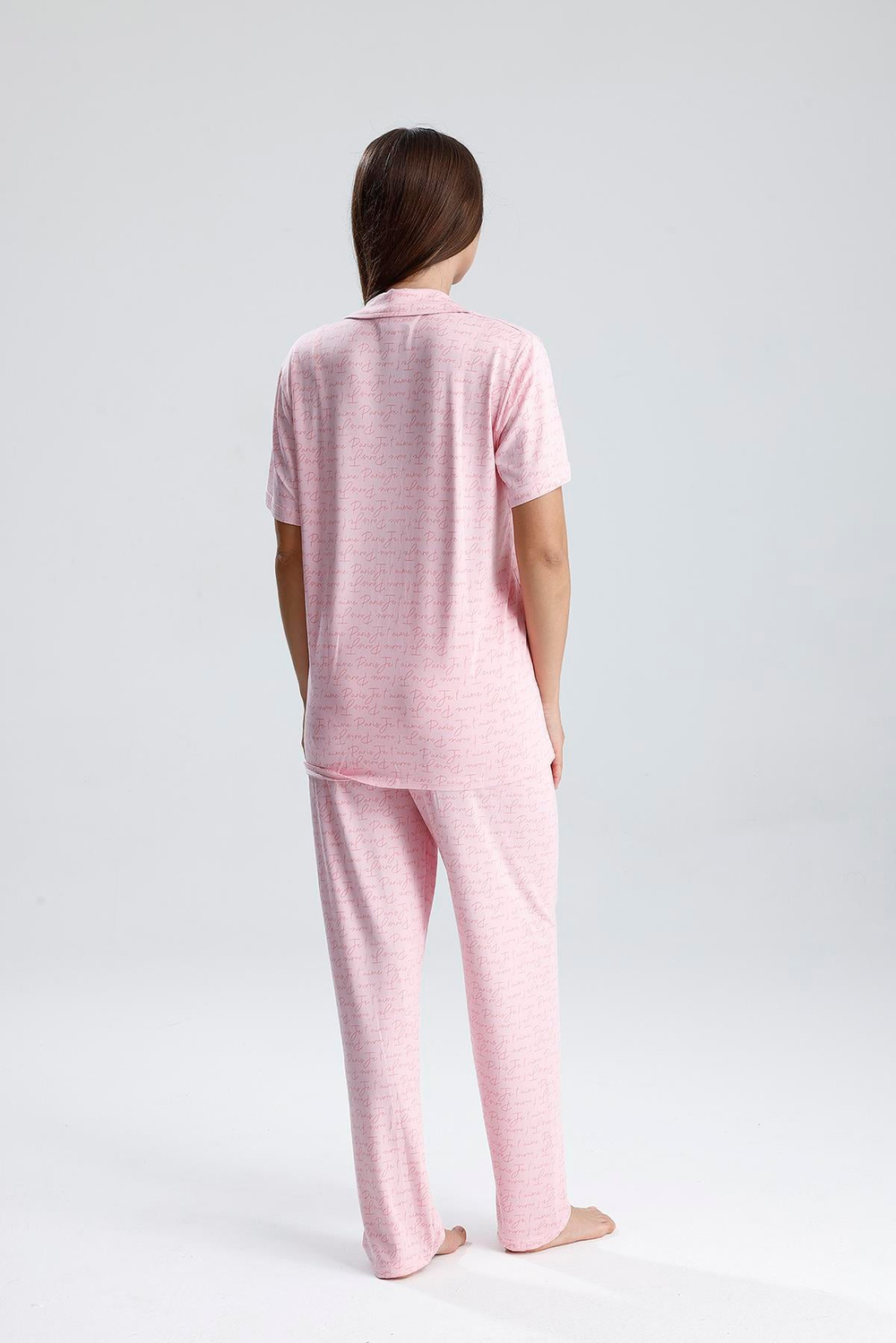 Kadın Yazı Detaylı Kısa Kollu Pijama Takım | Pembe Paris