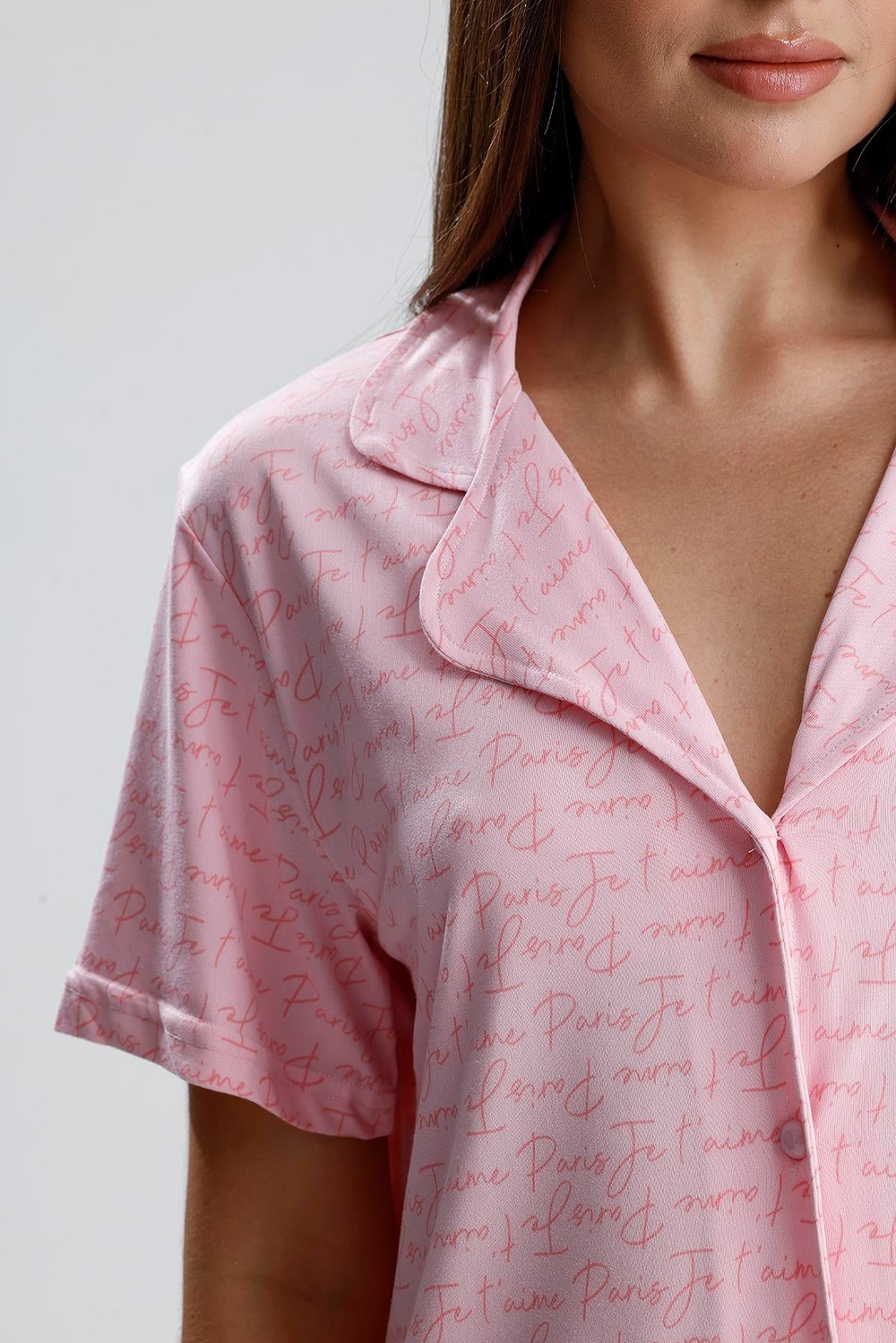 Kadın Yazı Detaylı Kısa Kollu Pijama Takım | Pembe Paris