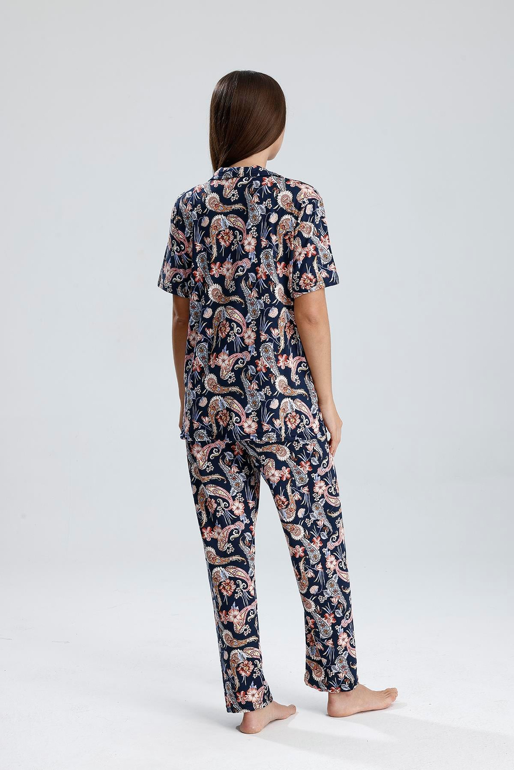 Kadın Düğmeli  Şal Desen Kısa Kollu Pijama Takım 