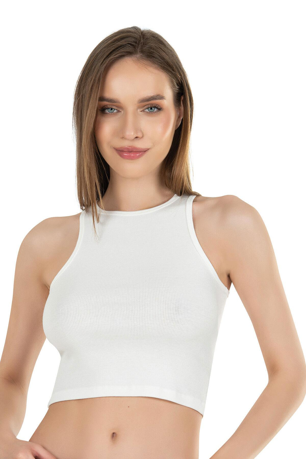 Kadın Pamuklu Crop Fitilli Örme Atlet | Ekru 26814