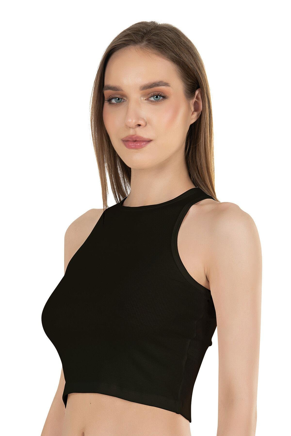 Kadın Pamuklu Crop Fitilli Örme Atlet | Siyah 26814